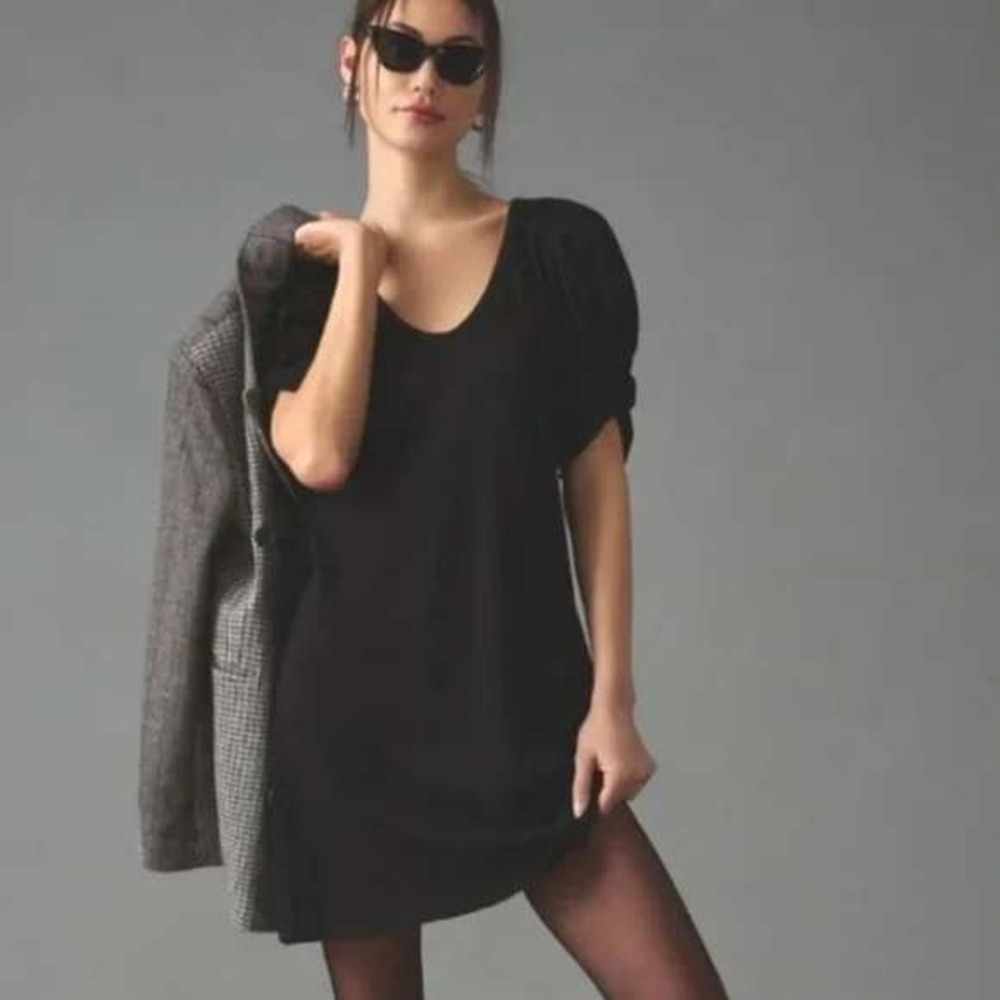 Amadi Black T-Shirt Dress Size XS Puff Sleeve V-Neck Cotton Mini NWT